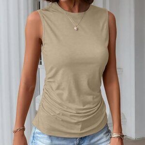 Khaki Ruched Sleeveless Tank Top